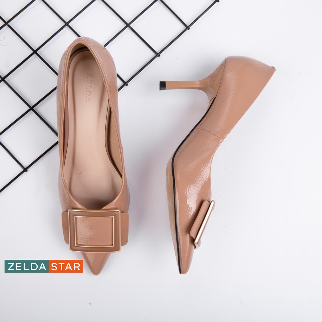 Giày bít nhọn Zelda Star phối khóa vuông gót cao 7cm - BN0241020