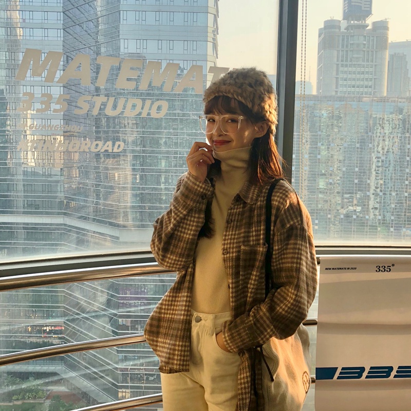 SUXI Áo sơ mi caro tay dài dáng rộng thiết kế mới phong cách Hàn Quốc