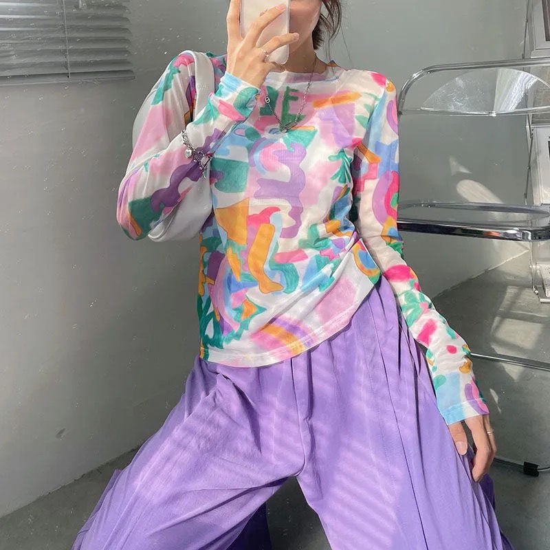 Áo Thun Tay Dài Phối Lưới Nhuộm Màu Phong Cách Phương Tây Thời Trang Mùa Hè Mới Cho Nữ 2021 | BigBuy360 - bigbuy360.vn