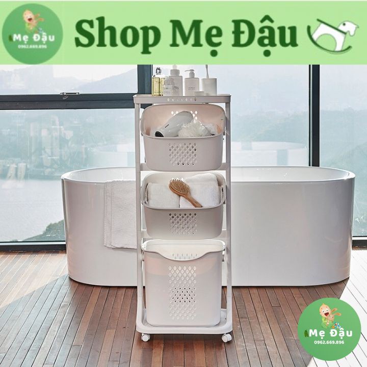 💥 FREESHIP💥 Kệ giỏ  3 tầng có bánh xe bằng nhựa plastic đựng đồ cho bé, kệ để đồ nhà tắm, đồ máy giặt, đồ dơ - Giá để đồ