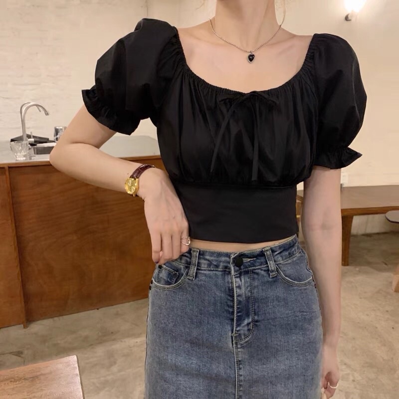 Áo croptop nữ cột nơ lưng tay phồng dễ thương (tặng kèm dây ngọc trang trí) hàng Quảng Châu - Nàng Closet