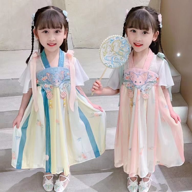 Đầm Công Chúa Hán Phục Tay Ngắn Thêu Họa Tiết Hoạt Hình Dễ Thương Thời Trang Mùa Hè Cho Bé Gái