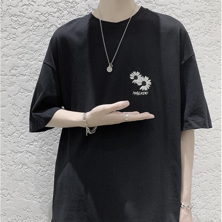 Áo thun tay ngắn cổ tròn có họa tiết thêu phong cách thời trang Hong Kong cho nam