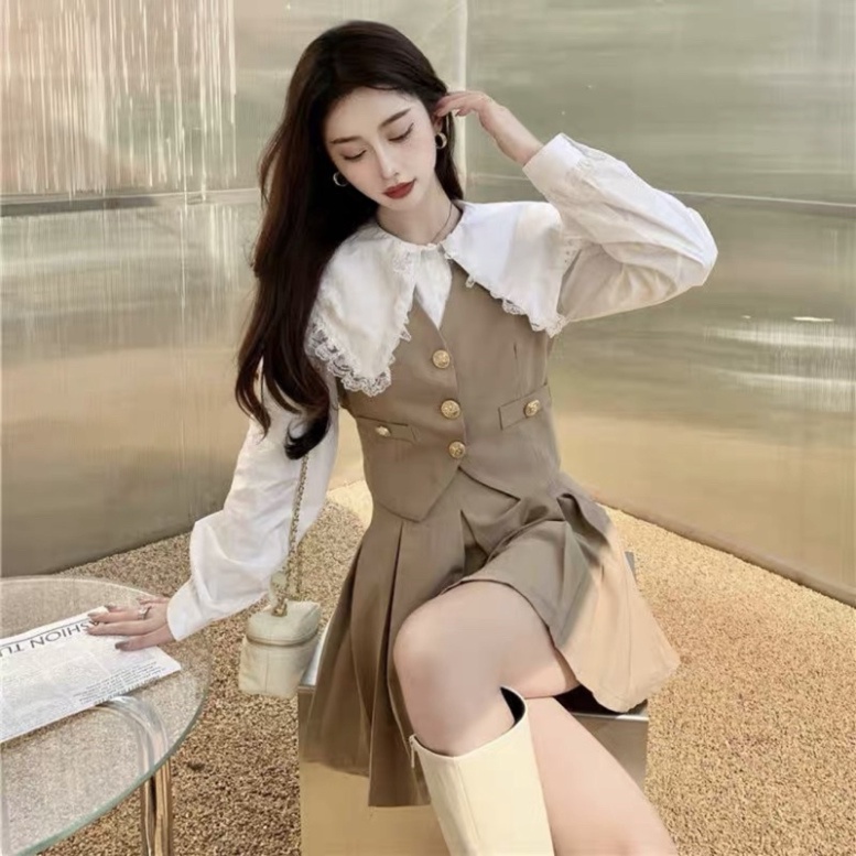 Set gile phối áo sơ mi cổ ren kèm chân váy dập ly dáng xoè cá tính - Hàng mới về