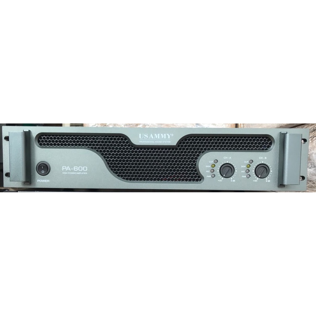 Đẩy công xuất Hãng USAMMY PA 600, 2 kênh, 24 sò xịn, tăng phô nguồn xuyến, sợi đồng, 1200W, quạt điều tốc tuyến tính.