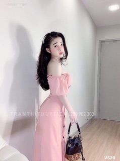 Đầm maxi trễ vai đính nút siêu yêu