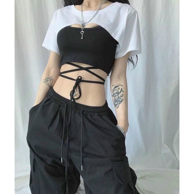 Sét áo HAI MÓN RỜI croptop cột dây eo tay ngắn BASIC Nữ UN - Thiên Yết