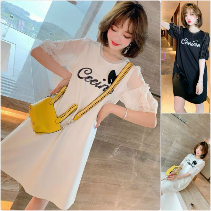 Hàng nhập - Đầm dáng suông tay búp đính đá, váy xuông babydoll phối chữ