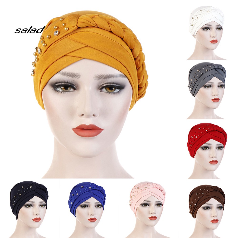 Mũ Turban Trùm Đầu Đính Hạt Màu Trơn Phong Cách Hồi Giáo Cho Nữ