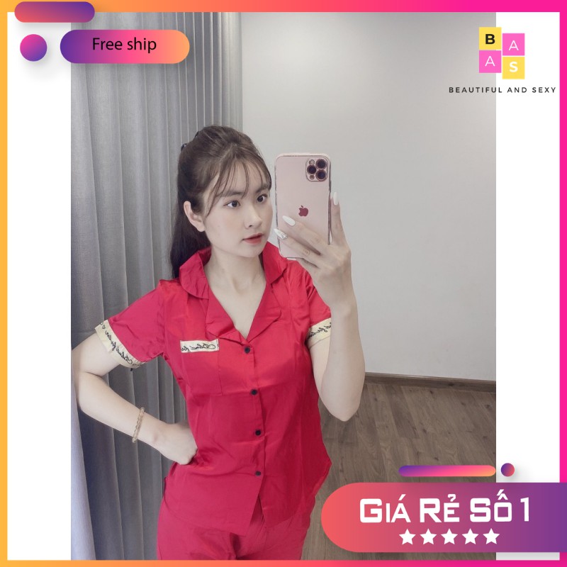 Bộ pijama cộc tay quần đùi phi lụa mát mẻ, bộ đồ ngủ lụa đùi phối họa tiết viền chữ kí BAS087 | BigBuy360 - bigbuy360.vn