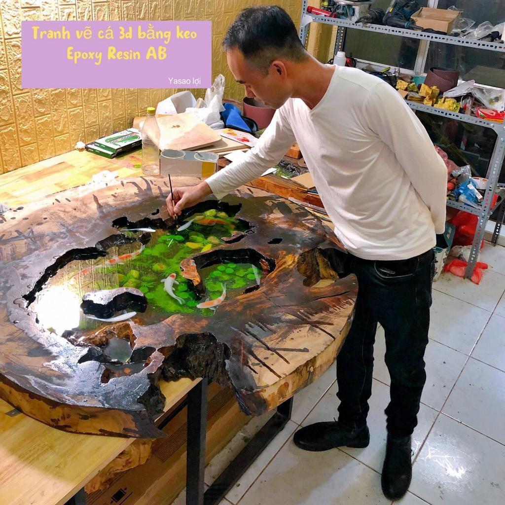 Keo Epoxy Resin AB 3:1 = 1kg nhựa trong suốt loại cứng, tự tan bọt, chống ngả vàng