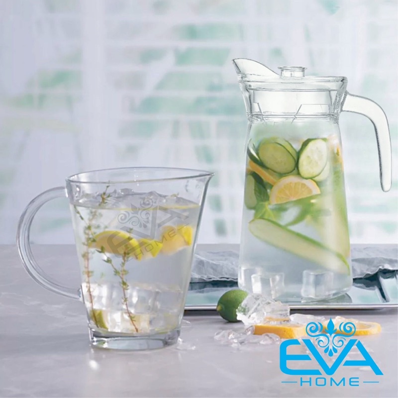 Bình Thuỷ Tinh Đựng Nước 1.6L Miệng Rót Dáng Eo Thẳng Quai Cầm EH1009 Glass Pitcher Modern Pot 1600 ML