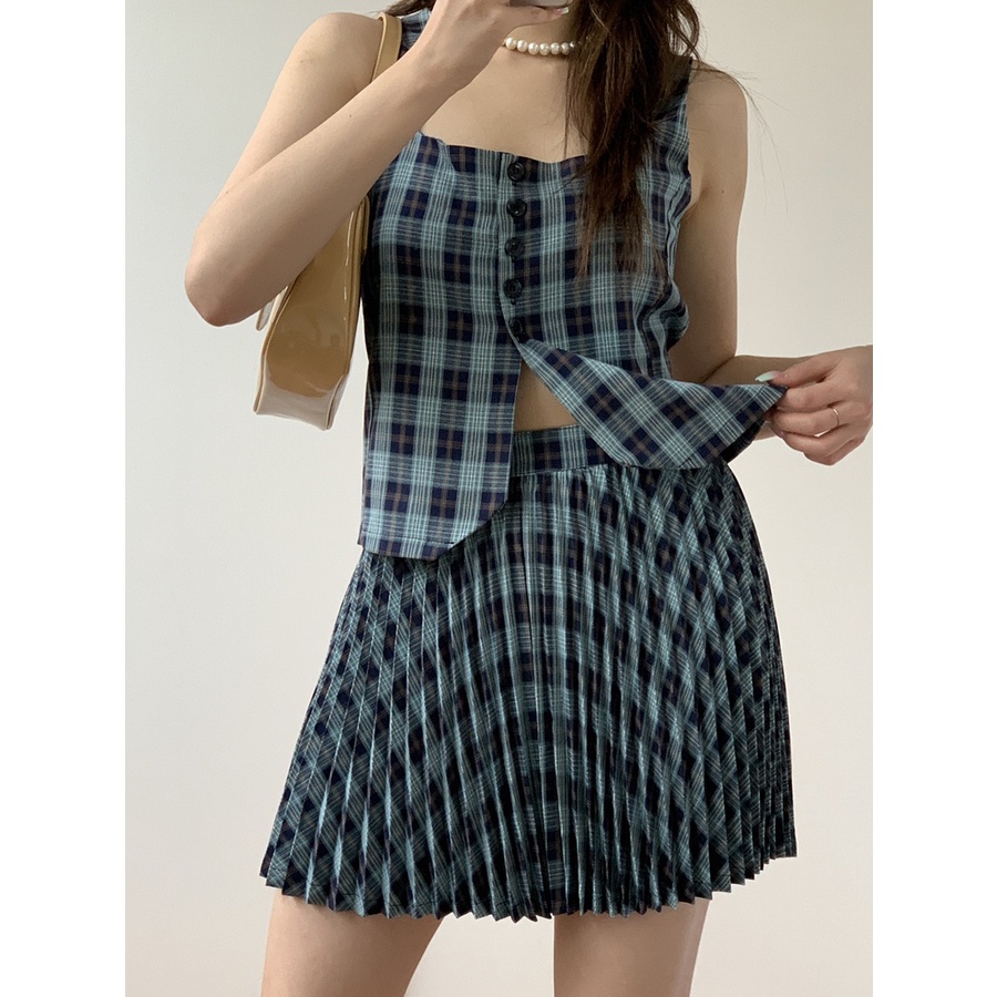 (ORDER) Set áo vest ba lỗ kẻ sọc caro cổ điển+ Chân váy xếp ly xòe ngắn style Hàn Quốc sang trọng | BigBuy360 - bigbuy360.vn