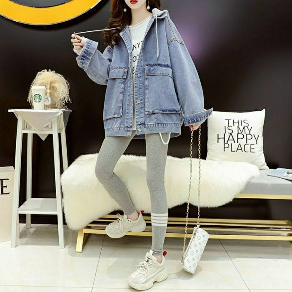 Áo Khoác Jean Có Mũ Trùm Dáng Rộng Phong Cách Hàn Quốc Thời Trang Xuân Thu Hàng Mới Dành Cho Bạn Nữ