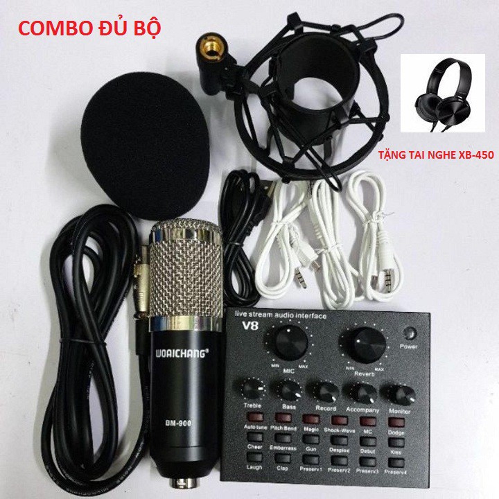 Combo Soundcard V8 Bluetooth + Mic Karaoke Livetream BM 900 Tặng Tai Nghe XB-450 Hát Karaoke Livetream