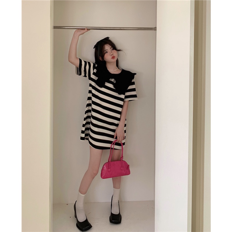 Đầm Xiaozhainv ngắn tay cổ búp bê dáng rộng họa tiết kẻ sọc phong cách Pháp thời trang mùa hè cho nữ