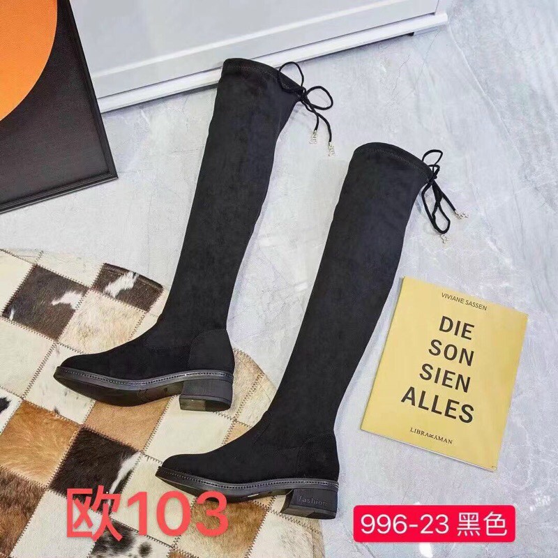 Bốt nữ da lộn cao cổ dài qua gối gót vuông | BigBuy360 - bigbuy360.vn