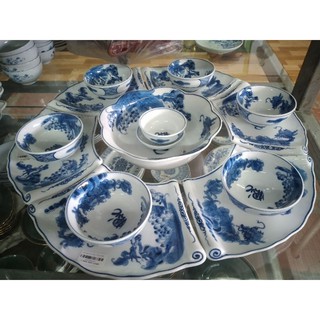 bộ bát đĩa hoa mặt trời hàng vẽ tay đẹp Bát Tràng ( chữ Phúc, hoa đào)