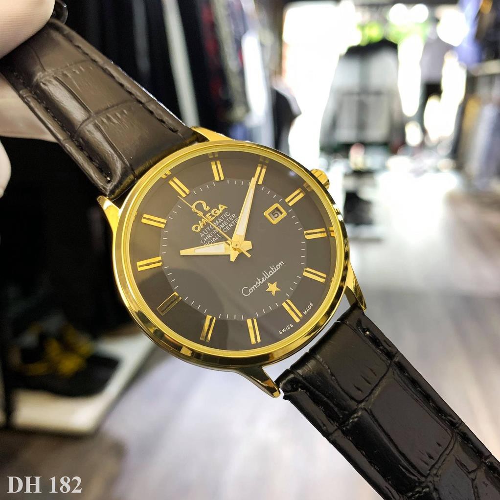 Đồng hồ nam OMG mặt tròn viền mạ vàng sang trọng, dây da cao cấp chống nước DH182 shop106