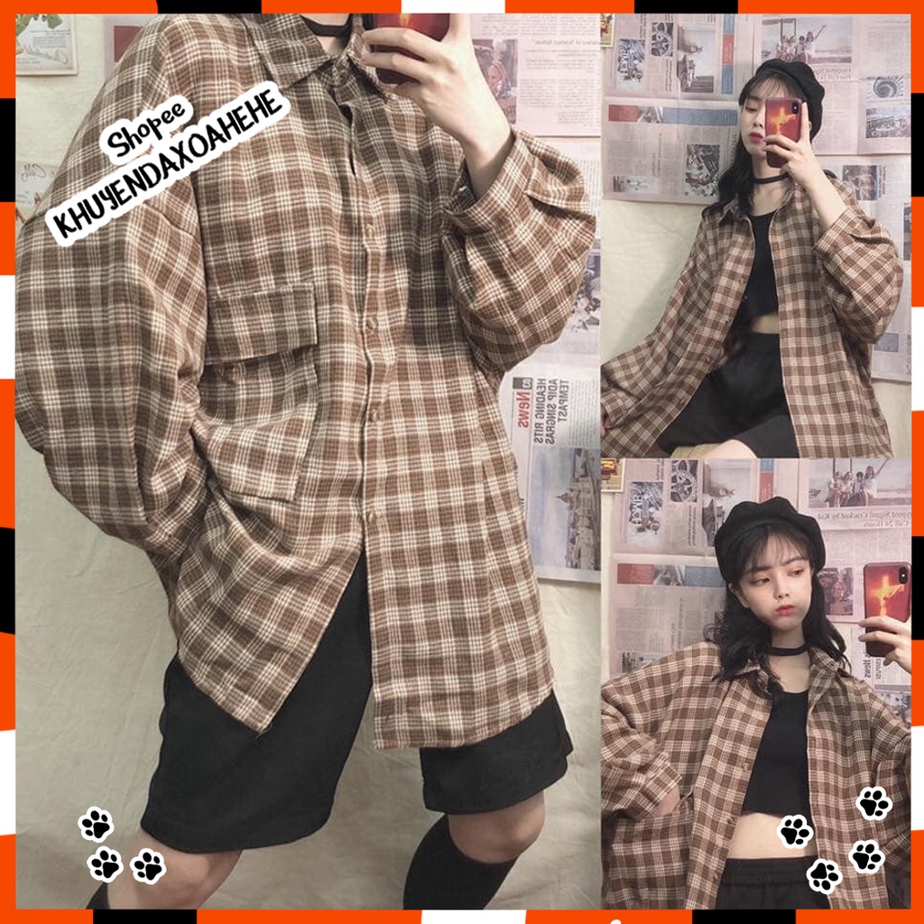 A011 Áo sơ mi kẻ caro oversize nam nữ vintage dài tay ulzzang, áo khoác chống nắng form rộng tay phồng Hàn Quốc đi học đ