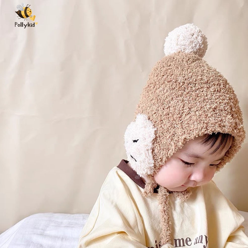Mũ len ấm áp mùa đông mặt gấu đáng yêu có dây buộc cho bé độ tuổi từ 2-24m Pollykid SP205
