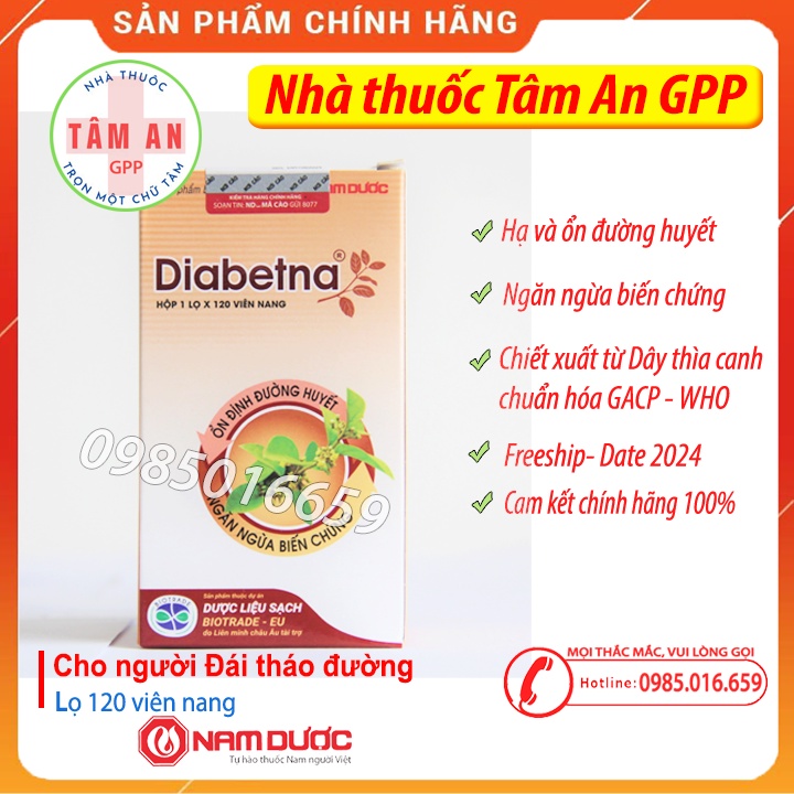 Diabetna chính hãng - Hỗ trợ hạ và ổn định đường huyết, ngăn ngừa biến chứng - Lọ 120 viên (=3 hộp 40 viên) ⚡Date 2024