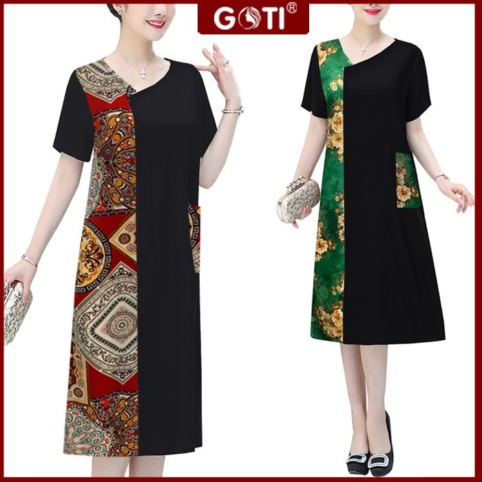 GOTI - Đầm Trung Niên Cao Cấp Dáng Suông Xòe Nhẹ Chữ A Tay Ngắn Dài Qua Gối Tặng Mẹ U50-60 3326 3328
