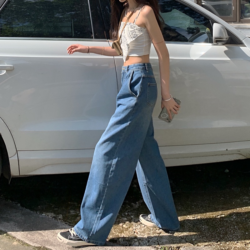 Quần jeans nữ XIAOZHAINV ống rộng lưng cao phong cách cổ điển