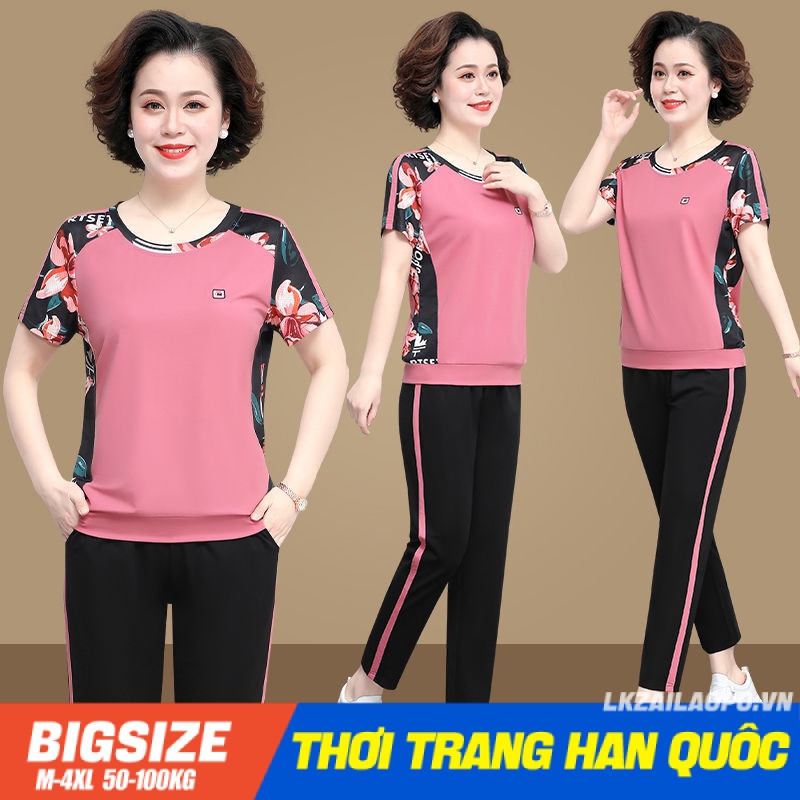 Set bộ đồ nữ trung niên cho mẹ Bigsize Áo thun tay ngắn kết hợp quần baggy Quần áo nữ trung niên Phong cách Hàn Quốc Thời Trang cá tính xinh đẹp cho người mập béo nữ
