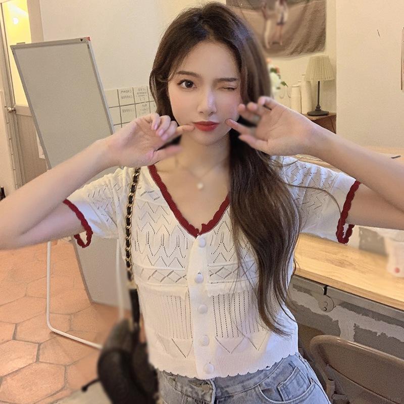 Áo cardigan dệt kim mỏng tay ngắn cổ chữ V phong cách Hàn Quốc ngọt ngào cho nữ