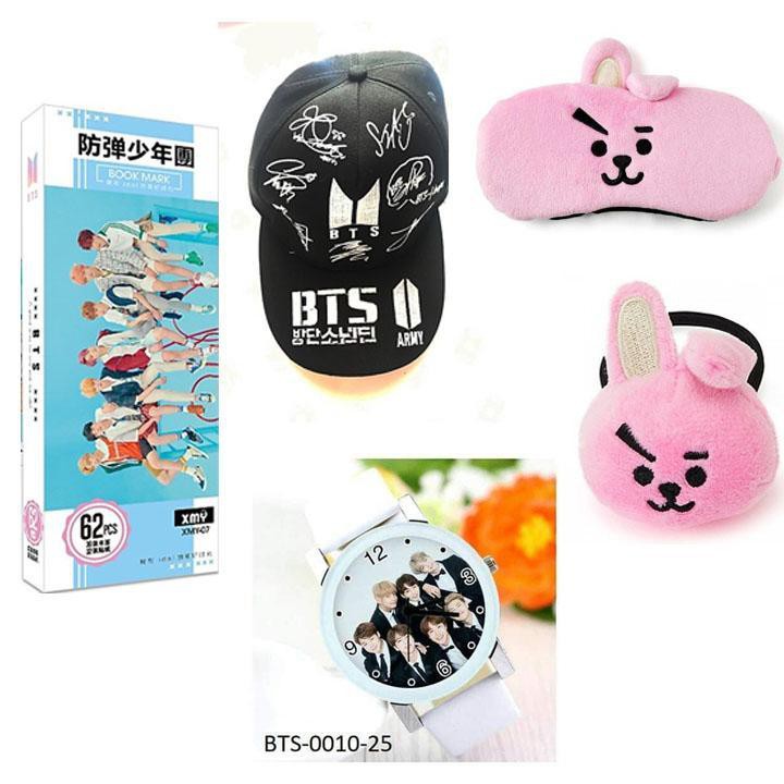 (M27) Combo BTS 5 món gồm 1 bookmark 1 mũ 1 bịt mắt bông COOKY 1 buộc tóc bông COOKY 1 đồng hồ