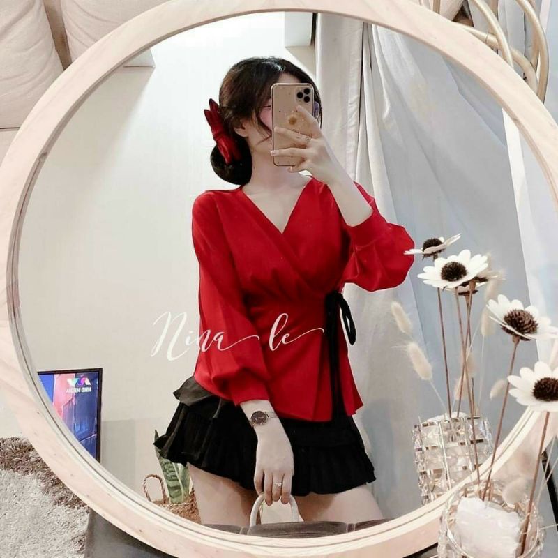 (chi còn váy)    Set áo hàn đỏ váy dập 2 tầng siêu hot