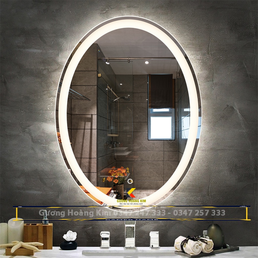 Gương đèn led cảm ứng treo tường oval elip bầu dục nhà tắm phòng wc trang trí makeup 50x70, 60x80cm guonghoangkim HK2001
