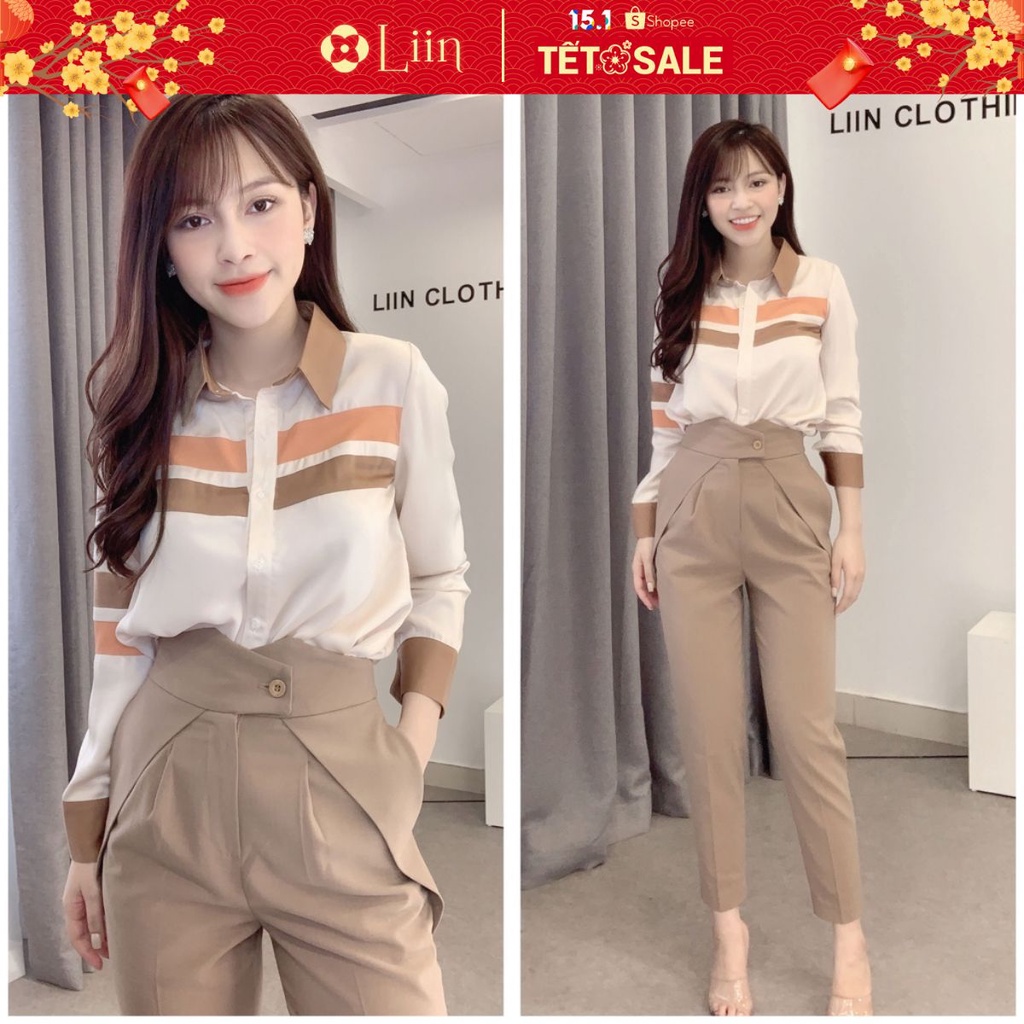 Áo sơ mi nữ màu Be Mix Cam viền Nâu dài tay, chất vải mát, dễ phối đồ Liin Clothing SM3182