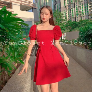 đầm đan eo cổ vuông