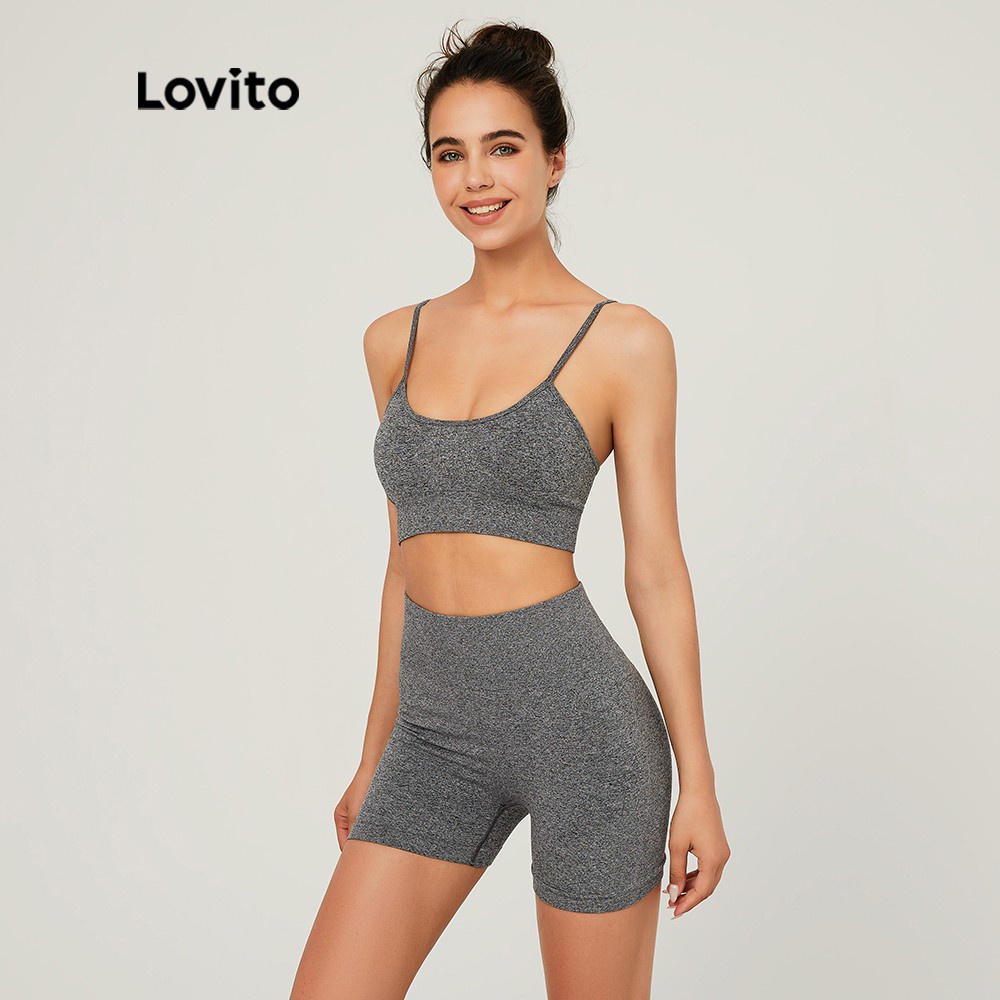 Bộ đồ thể thao Lovito ôm dáng màu trơn cổ tròn không tay co giãn phong cách cơ bản L03112 (màu xám)