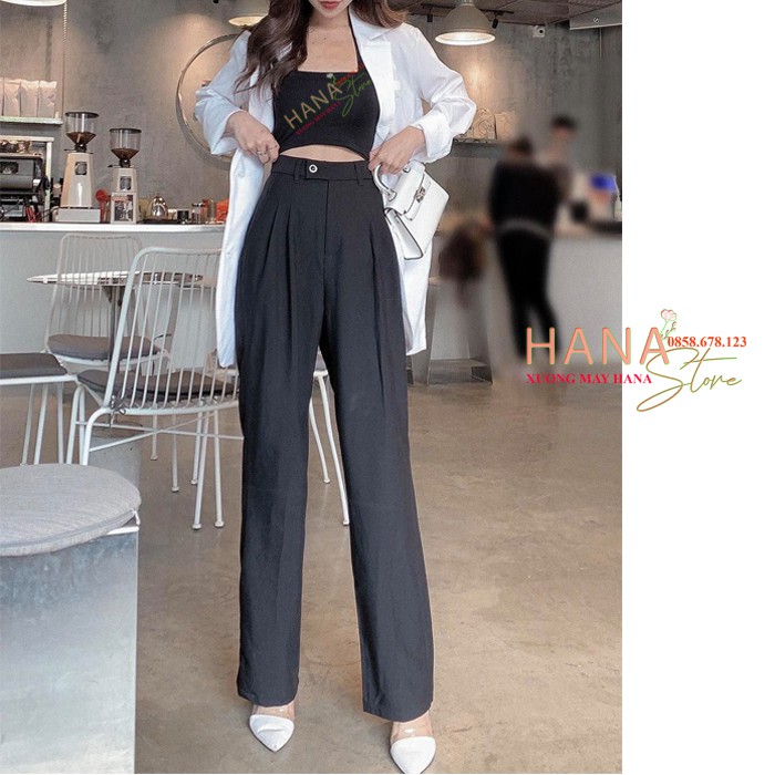 Quần ống rộng công sở nữ dài xếp ly có túi khóa - Màu Đen Trắng Be - Cạp có đai lưng cao - Vải mềm - Mặc đi làm học sinh | BigBuy360 - bigbuy360.vn