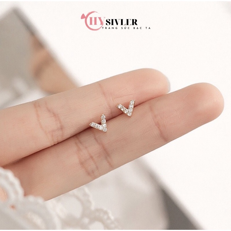 Bông tai bạc ta chữ V đính đá nhỏ xinh nữ tính bông tai nữ bạc thật giá rẻ