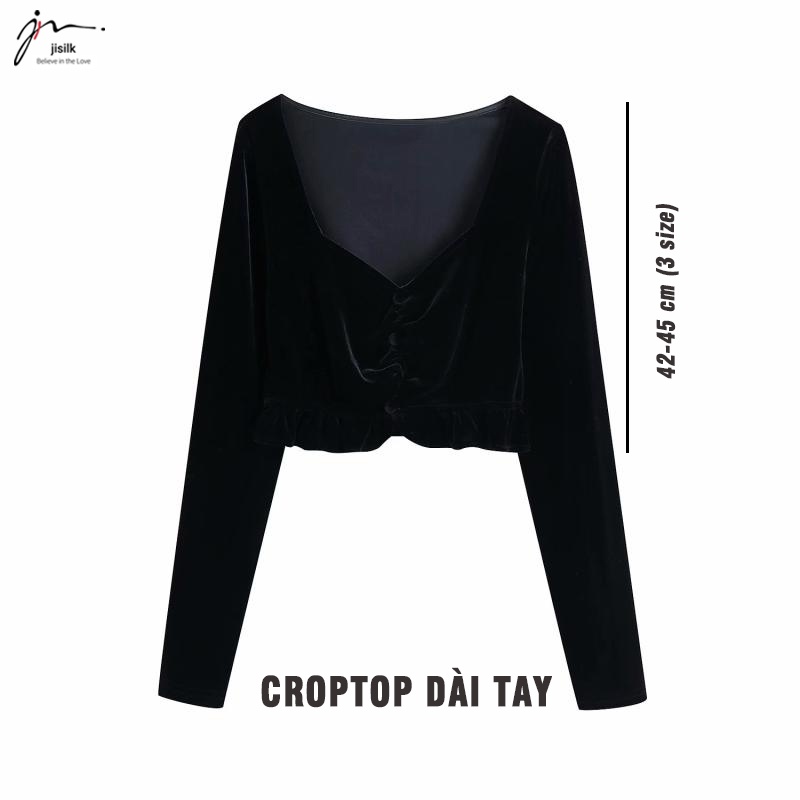 Áo body jisilk dài tay nữ croptop, áo kiểu nữ đẹp cổ vuông bánh bèo nhung cao cấp Jaliin N.AK2-01