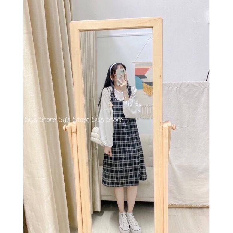 Sét Váy Yếm Kẻ Caro Ulzzang Phong Cách Hàn Quốc 2 Màu Kèm Áo
