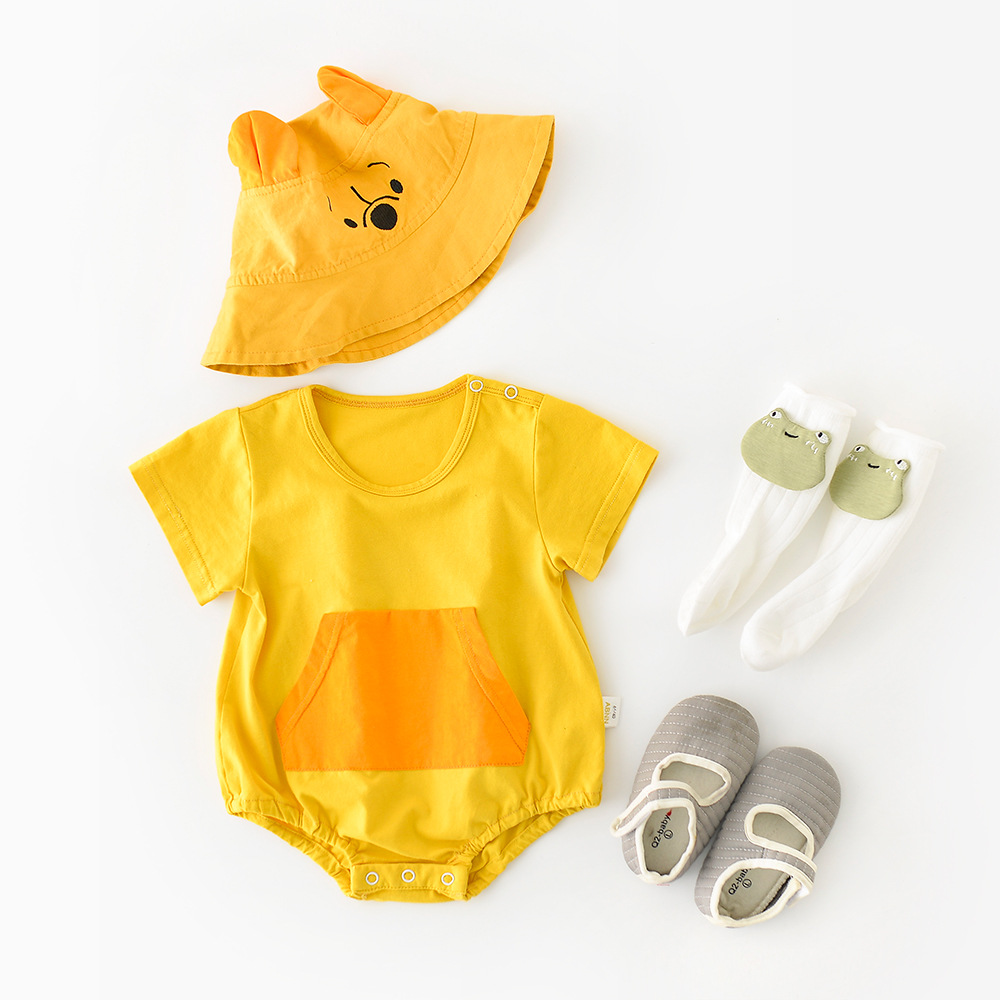 Bộ Áo Liền Quần Vải Cotton Tay Ngắn Phối Mũ Dễ Thương Cho Bé
