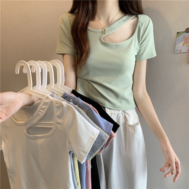 COZOK Áo Thun Tay Ngắn Dáng Ôm Thiết Kế Khoét Lỗ Thời Trang Cá Tính Cho Nữ