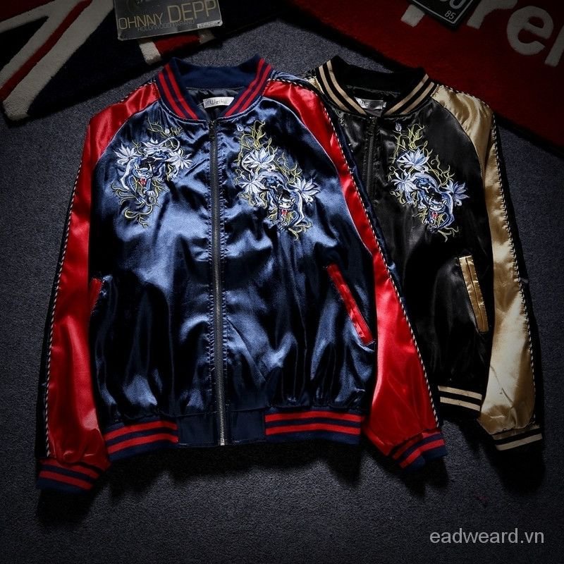 Áo khoác bóng chày thêu hình chim hạc phong cách Nhật Bản cho cặp đôi