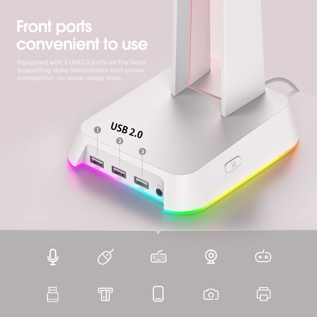 Chân đế tai nghe chơi game onikuma st2 rgb, chân đế màn hình để bàn, dấu hiệu được chiếu sáng với 3 cổng usb và 3,5 mm aux