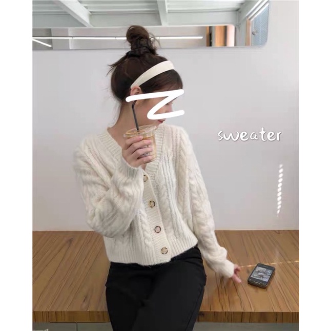 Áo cardigan len crotop Basic phối cúc áo khoác len mịn lông thỏ 3 màu phong cách hàn quốc