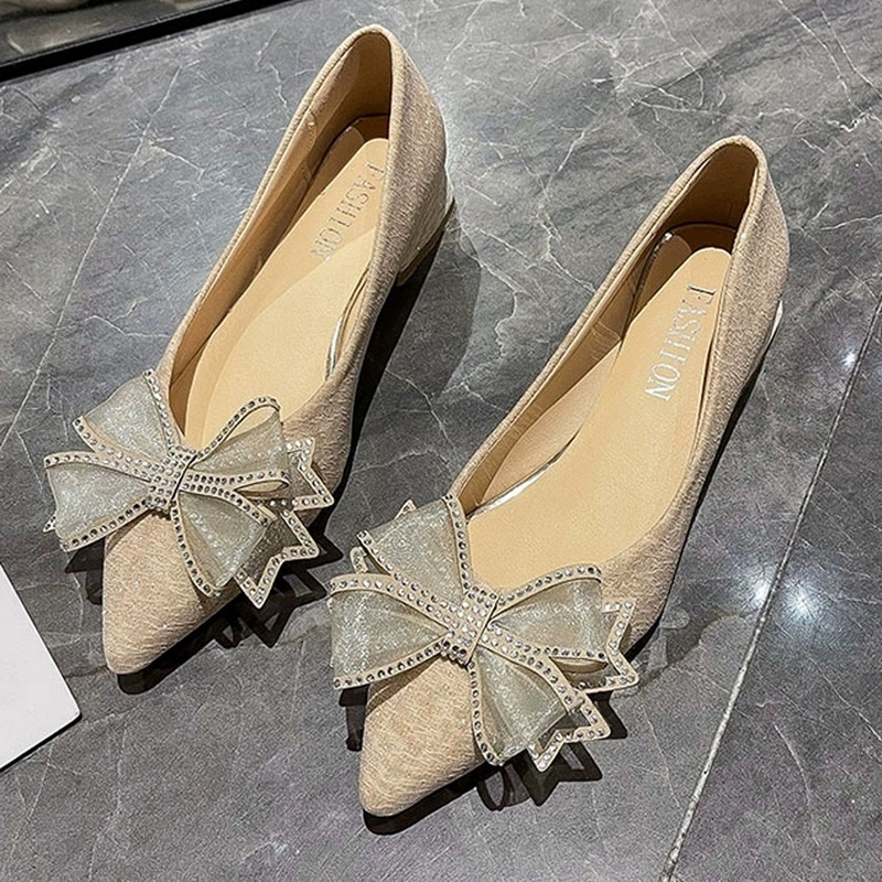 Giày Cao Gót 3Cm Mũi Nhọn Đính Nơ Và Đá Lấp Lánh Thời Trang Cho Nữ