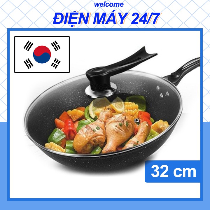 Chảo Đá Bếp Từ Chống Dính Siêu Bền Nhập Khẩu Hàn Quốc Có Nắp Kính Size 32 cm