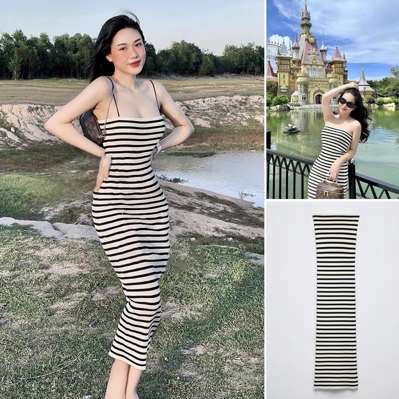 Váy Body 2 Dây Kẻ Chất Len Tăm Xịn Mặc Tôn Dáng - Ảnh Thật
