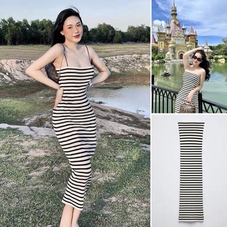 Váy body 2 dây kẻ chất len tăm xịn mặc tôn dáng - ảnh thật