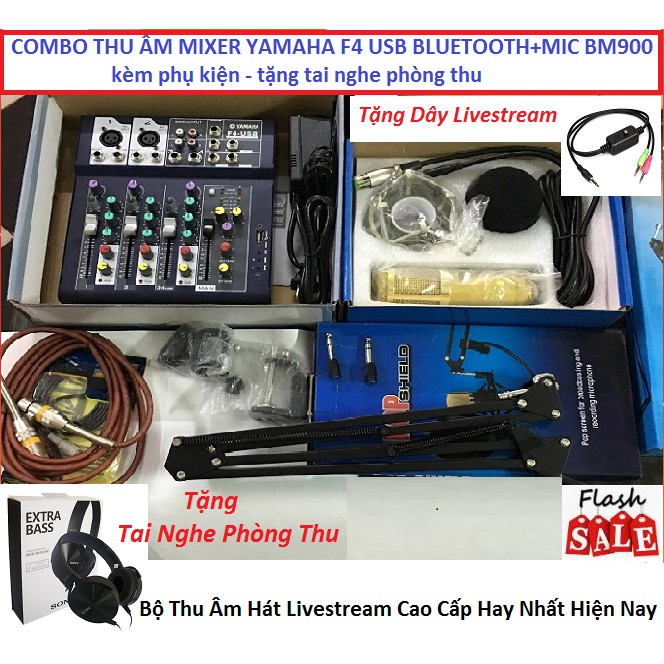 COMBO MIXER YAMAHA F4, BỘ F4 USB BLUETOOTH & MIC BM900 LIVESTREAM - TẶNG TAI NGHE